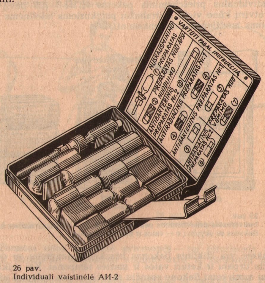 Individualios vaistinėlės iliustracija iš civilinės saugos vadovėlio
